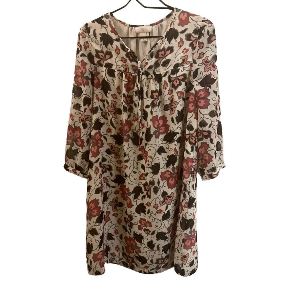 LOFT Women's Floral Mauve Cream Shift Granny Chic Peasant Dress Womens Size M